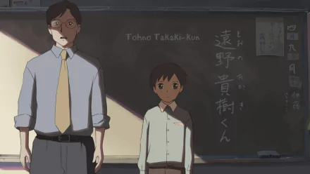 HD PC desktop wallpaper of Takaki Touno from the anime 5 Centimeters per Second, standing in a classroom beside a teacher as sunlight casts a diagonal shadow across the blackboard.