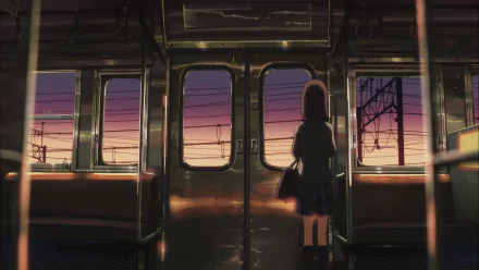 HD anime PC wallpaper featuring Akari Shinohara from 5 Centimeters per Second, standing quietly inside a train with a vibrant sunset glowing outside.