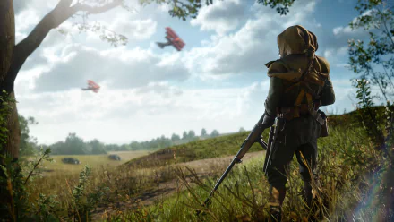 HD desktop wallpaper of Battlefield 1, featuring a soldier standing in a grassy field, holding a rifle, with biplanes flying in the background under a partly cloudy sky.