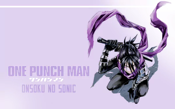 HD wallpaper featuring Sonic from One-Punch Man, showcasing his dynamic pose and distinctive purple scarf against a minimalist background.