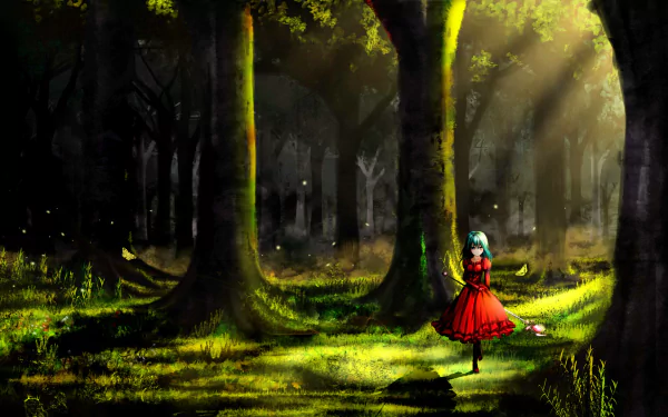 A serene anime scene in a lush forest, featuring a figure in a flowing red dress, illuminated by soft rays of sunlight filtering through the trees. HD wallpaper background.