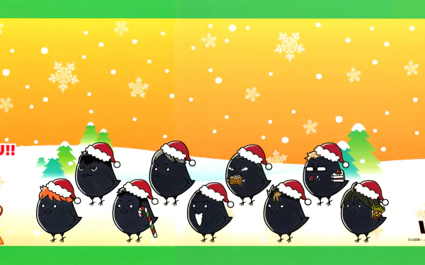 4K Ultra HD Anime Haikyū!! wallpaper featuring cute black bird characters wearing Santa hats against a snowy, festive orange and yellow gradient background.