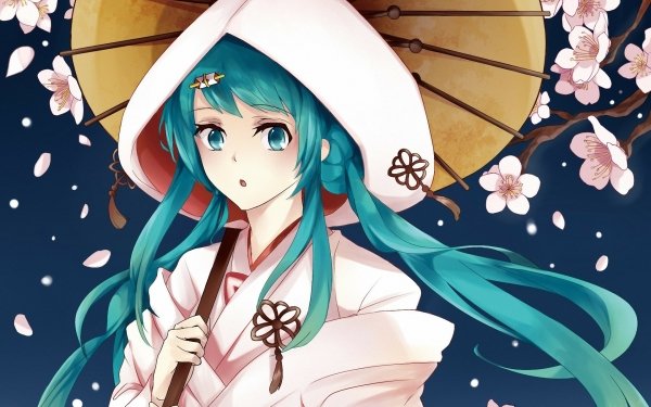 Anime Vocaloid Hatsune Miku Long Hair Blue Hair Blue Eyes Kimono Umbrella Blossom HD Wallpaper | Background Image