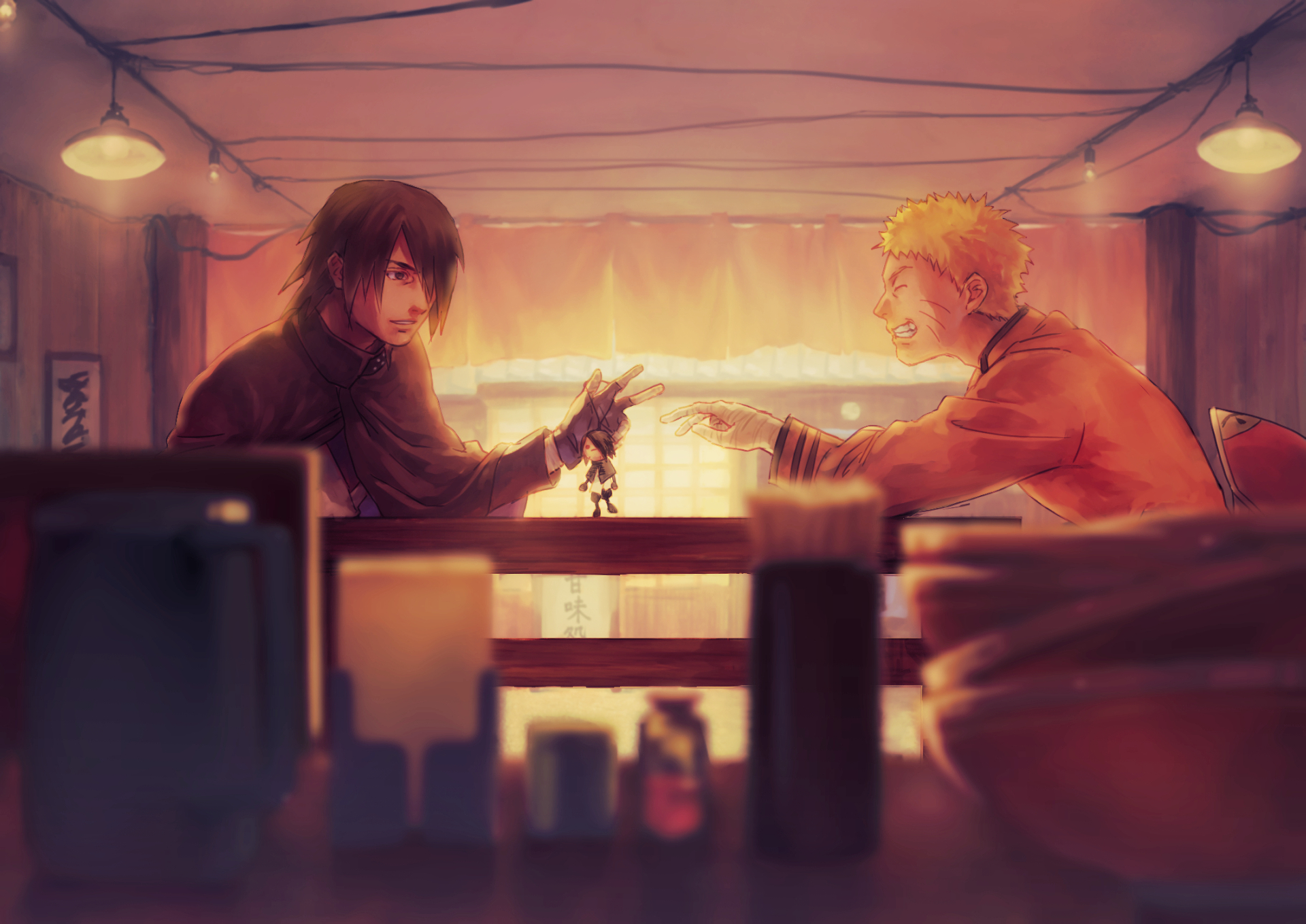 A dynamic scene featuring Naruto Uzumaki and Sasuke Uchiha, set in a warm, vibrant background. This HD wallpaper captures the essence of their bond in the anime world of Boruto.