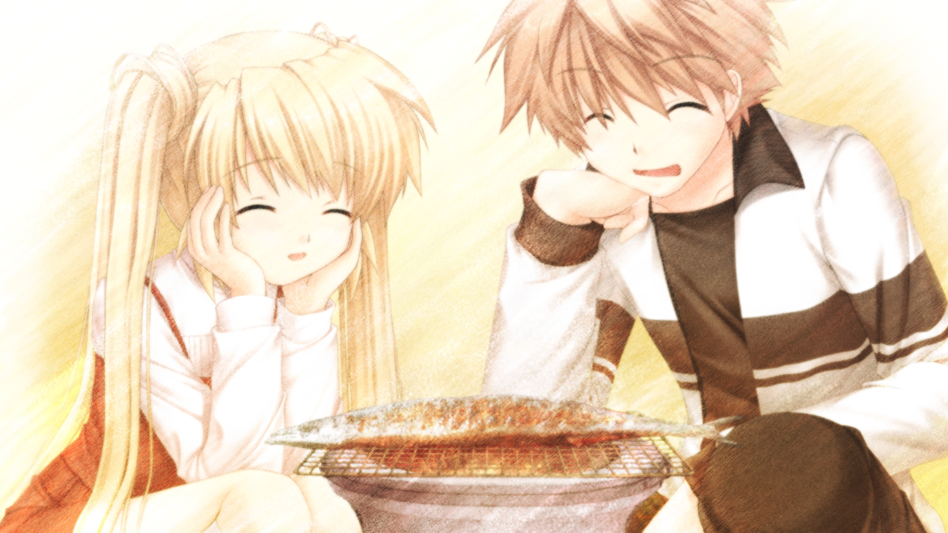 HD anime desktop wallpaper from Rewrite featuring two characters smiling warmly around a grill in a soft, glowing setting.