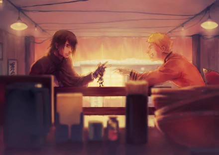 A dynamic scene featuring Naruto Uzumaki and Sasuke Uchiha, set in a warm, vibrant background. This HD wallpaper captures the essence of their bond in the anime world of Boruto.