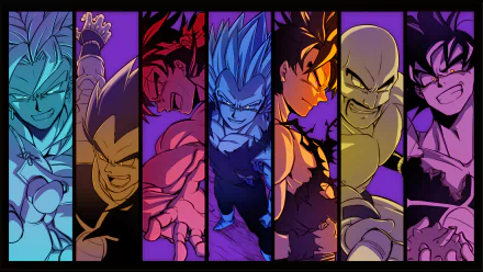 HD desktop wallpaper featuring Dragon Ball characters Goku, Raditz, Nappa, Broly, and Bardock with vibrant, contrasting colors and intense expressions.
