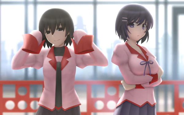 HD PC desktop wallpaper featuring Tsubasa Hanekawa and Ougi Oshino from the Monogatari anime series, showcasing their distinct outfits and expressions in a bright setting.