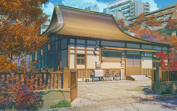 A vibrant HD wallpaper featuring a traditional Japanese house amid autumn foliage, embodying the themes of love, money, and rock'n'roll in a captivating urban setting.