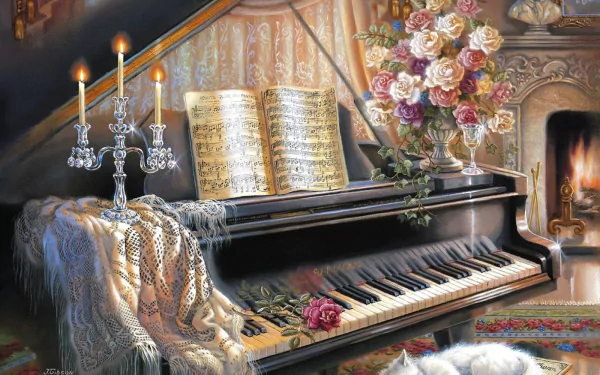 A vintage living room with a piano adorned with flowers, candles, and sheet music. A cat rests nearby, and a fireplace adds warmth, creating an artistic and cozy HD wallpaper background.