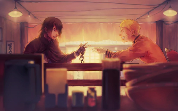 A dynamic scene featuring Naruto Uzumaki and Sasuke Uchiha, set in a warm, vibrant background. This HD wallpaper captures the essence of their bond in the anime world of Boruto.
