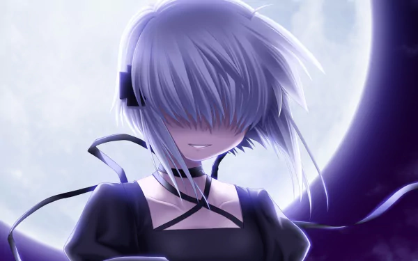 HD PC desktop wallpaper and background - Anime Rewrite character with silver hair veiling her eyes, a sly smile, black choker and ribbons, silhouetted wings before a glowing full moon.