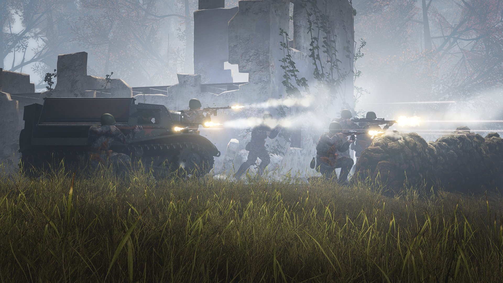 Heroes & Generals video game 2K Quad HD PC desktop wallpaper: soldiers and armored vehicles exchange gunfire amid misty forest ruins, muzzle flashes and tall grass in foreground.