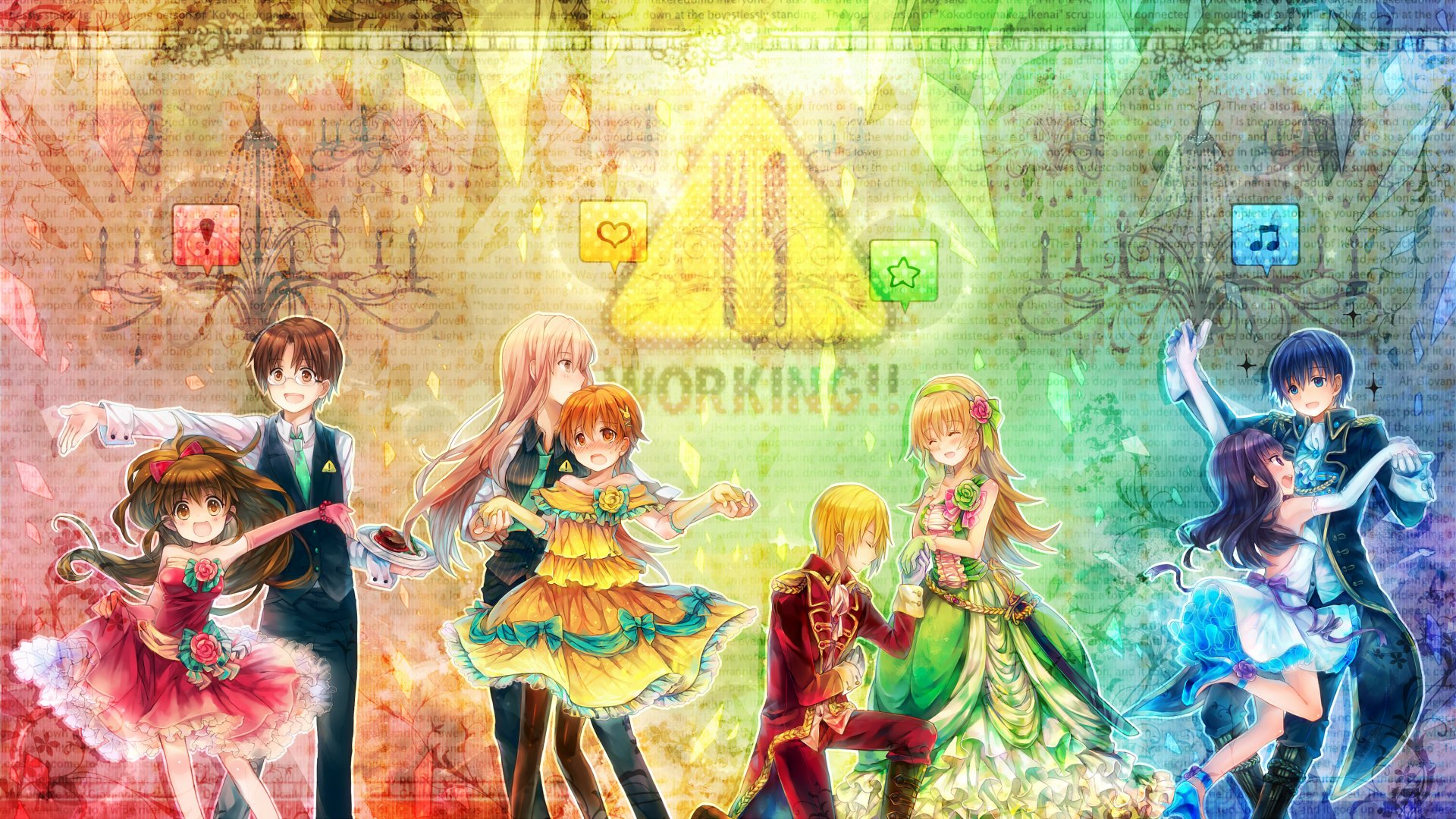 HD PC desktop wallpaper featuring colorful characters from the anime Working!! in lively poses against a textured, multicolored background with the show's logo.