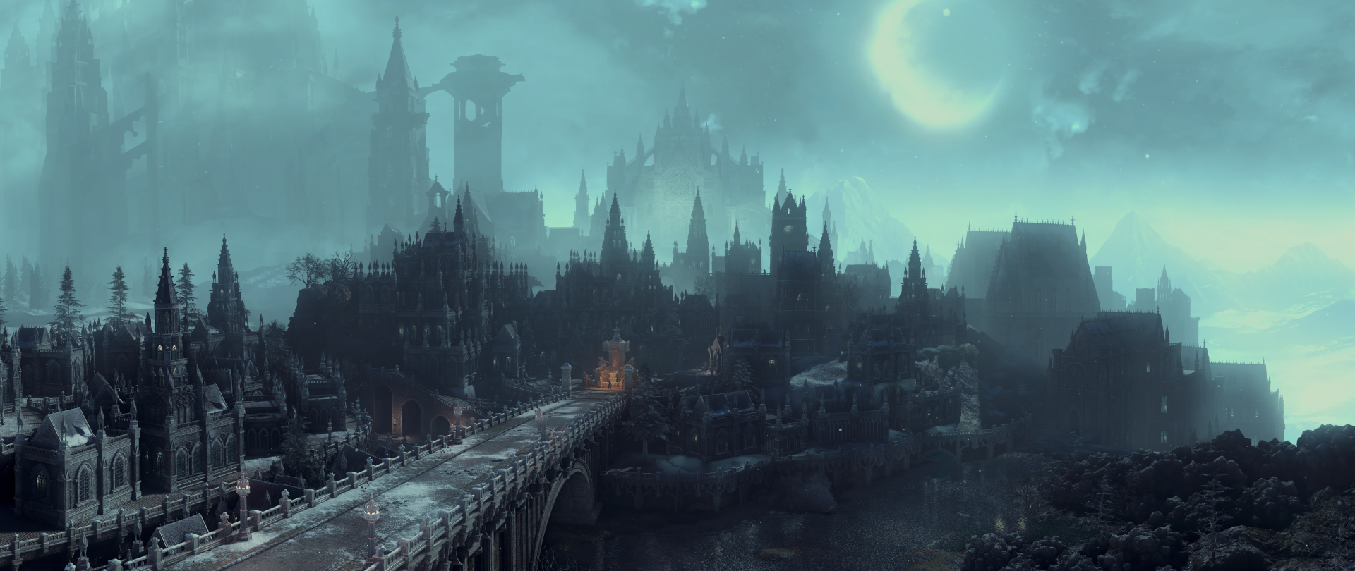A dark, atmospheric cityscape under a glowing moon, inspired by the video game Dark Souls III, set against a backdrop of twisted architecture and an eerie night sky.