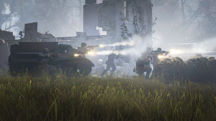 Heroes & Generals video game 2K Quad HD PC desktop wallpaper: soldiers and armored vehicles exchange gunfire amid misty forest ruins, muzzle flashes and tall grass in foreground.
