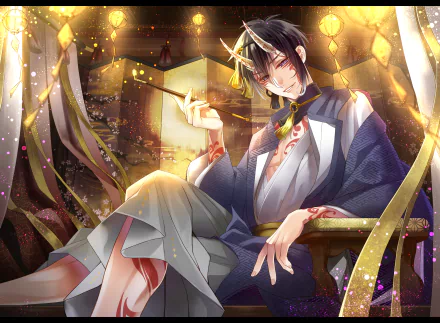 HD PC desktop wallpaper featuring an anime character from Touken Ranbu, dressed in traditional attire with intricate details and a glowing, atmospheric background.