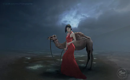 A model in a flowing red dress stands beside a camel under a moody, cloudy sky, captured in a 4K Ultra HD photography manipulation for a PC desktop wallpaper.