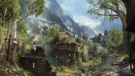 A stunning 4K Ultra HD desktop wallpaper featuring a lush, overgrown mountain town in ruins, inspired by the video game Uncharted 4: A Thief's End.