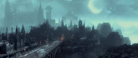 A dark, atmospheric cityscape under a glowing moon, inspired by the video game Dark Souls III, set against a backdrop of twisted architecture and an eerie night sky.