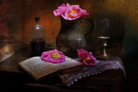 pink flower book pitcher poppy flower photography still life HD Desktop Wallpaper | Background Image