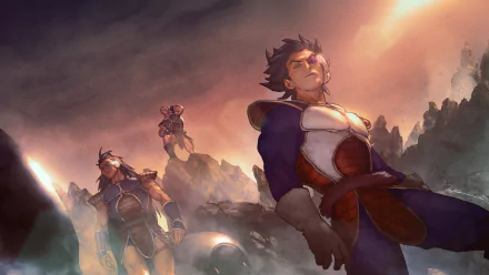 HD desktop wallpaper featuring Raditz, Nappa, and Vegeta from Dragon Ball Z, set in a dramatic, rocky landscape with a sunset sky, showcasing their fierce and determined stances.