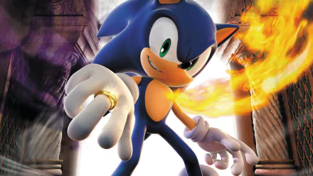 HD PC desktop wallpaper featuring Sonic from the video game Sonic and the Secret Rings, posed dynamically with flames in the background.