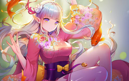 A vibrant HD wallpaper featuring Emilia from Re:Zero - Starting Life in Another World. The anime character is beautifully illustrated with flowing hair, a floral dress, and holding a goldfish.