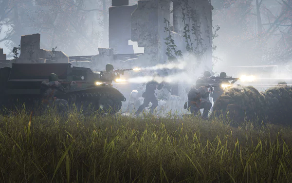 Heroes & Generals video game 2K Quad HD PC desktop wallpaper: soldiers and armored vehicles exchange gunfire amid misty forest ruins, muzzle flashes and tall grass in foreground.