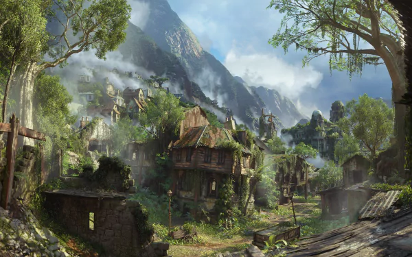 A stunning 4K Ultra HD desktop wallpaper featuring a lush, overgrown mountain town in ruins, inspired by the video game Uncharted 4: A Thief's End.