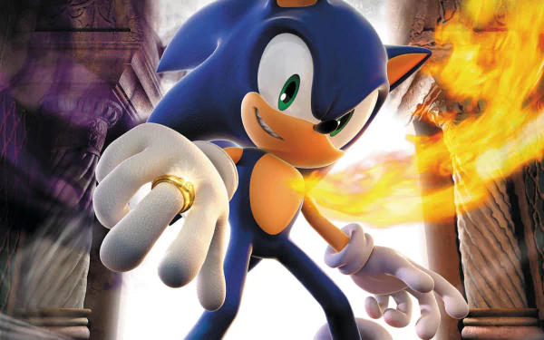 HD PC desktop wallpaper featuring Sonic from the video game Sonic and the Secret Rings, posed dynamically with flames in the background.