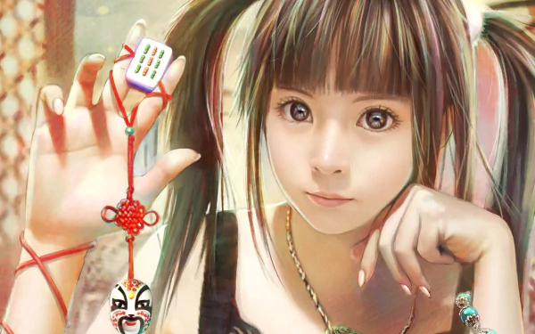 HD fantasy desktop wallpaper featuring a woman holding a mahjong tile with intricate red string decorations, blending realism and artistic detail.