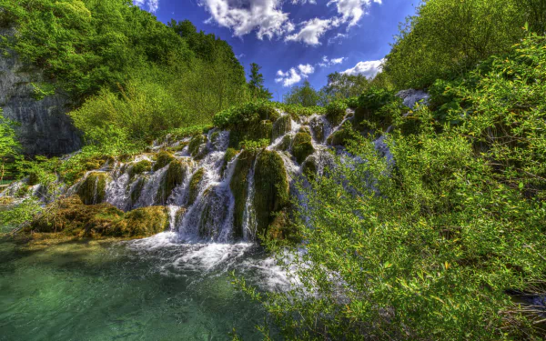 4K Ultra HD image of lush green trees and cascading waterfalls at Plitvice Lake National Park under a vibrant blue sky.