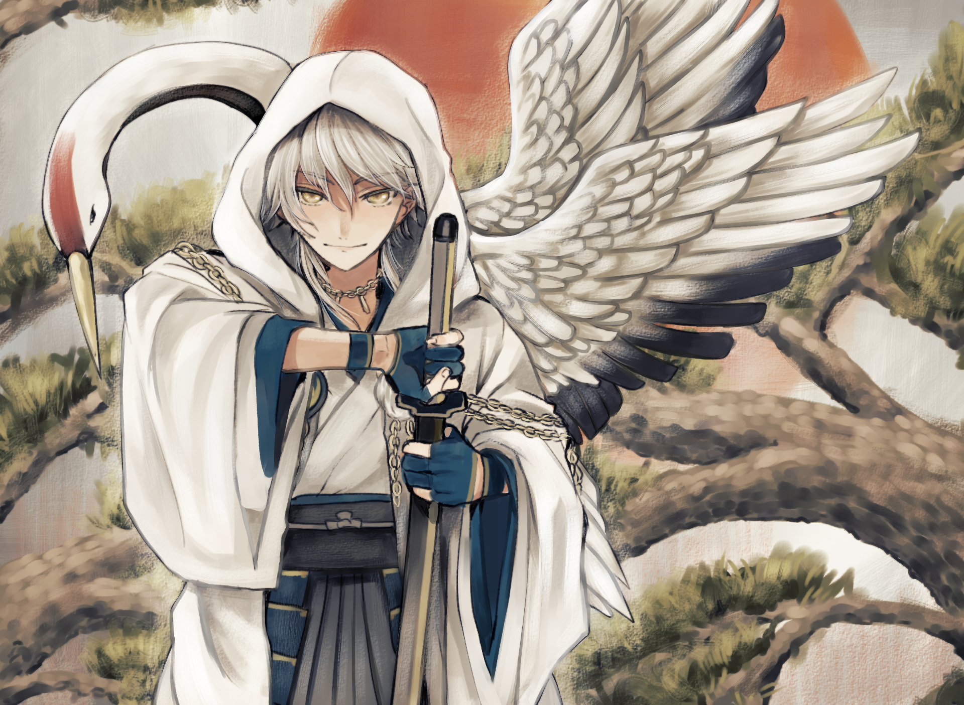 HD PC desktop wallpaper featuring an anime character from Touken Ranbu with silver hair, white wings, and a sword, set against a natural background.