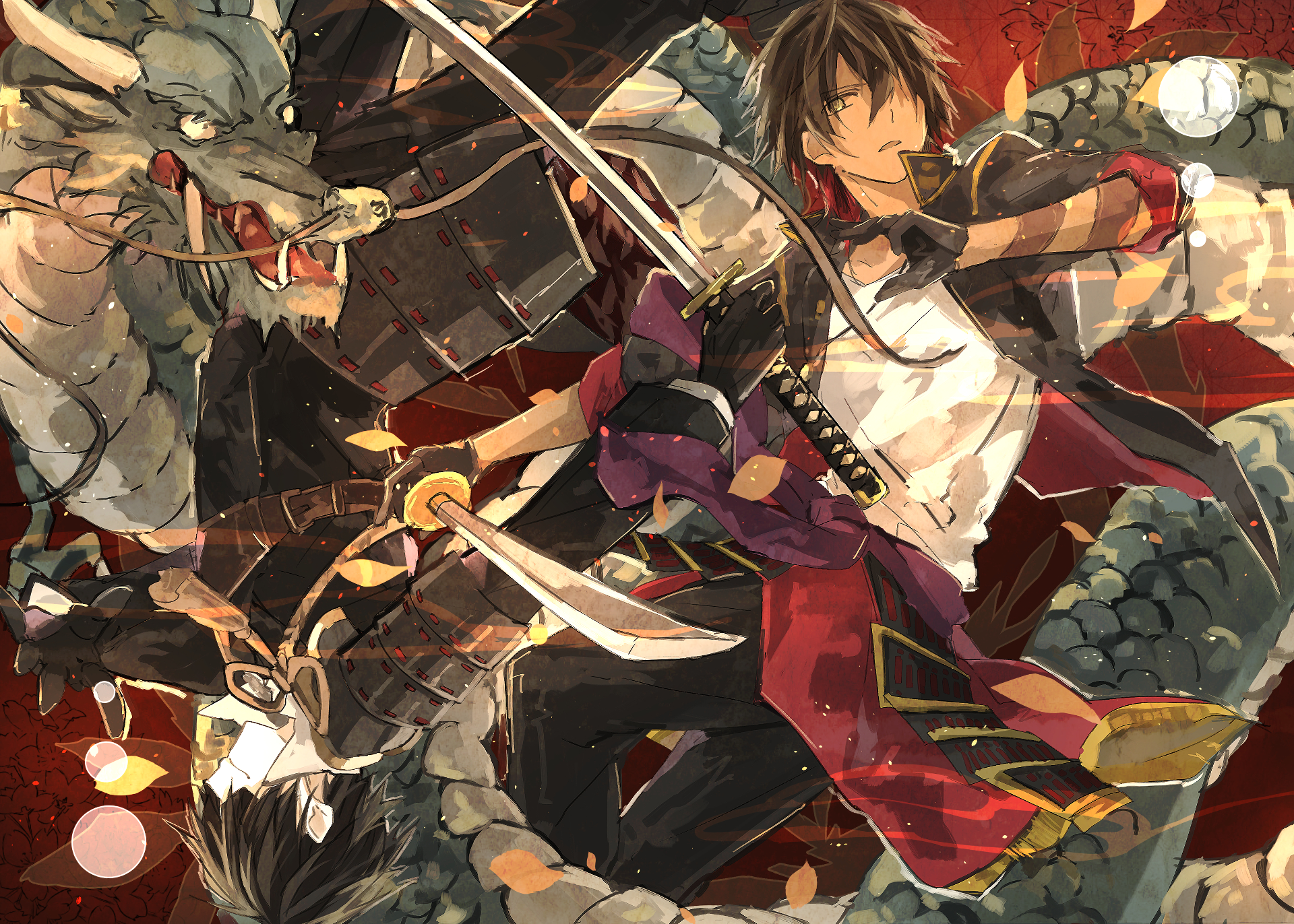 Anime, Touken Ranbu — HD PC desktop wallpaper/background: a dynamic swordsman in crimson attire brandishing dual blades beside a coiled dragon amid gold sparks and dramatic lighting.