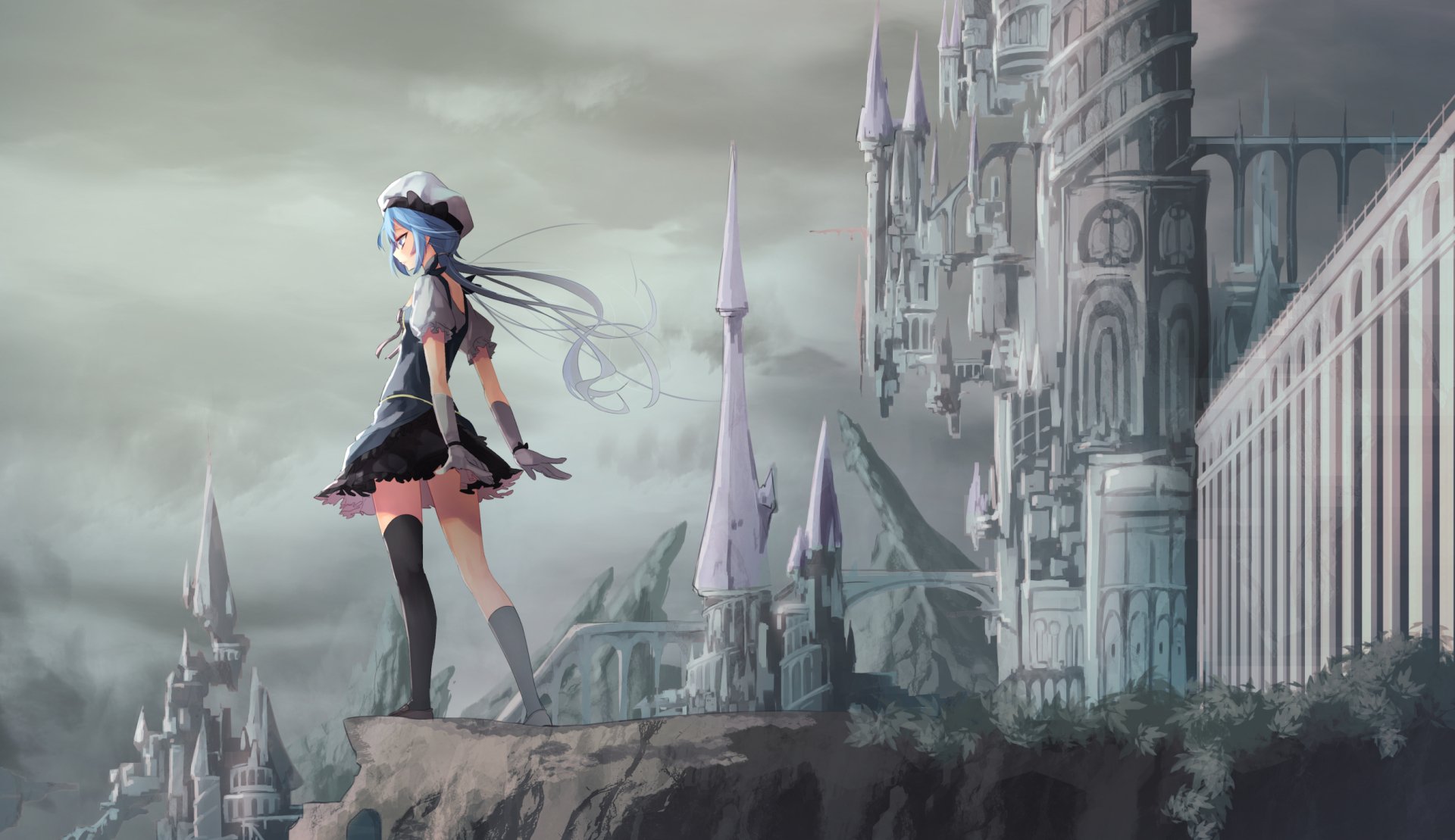 A stylish anime character stands on a rocky ledge, gazing at a majestic castle in a misty landscape, showcasing a captivating blend of fantasy and originality in this HD PC desktop wallpaper.