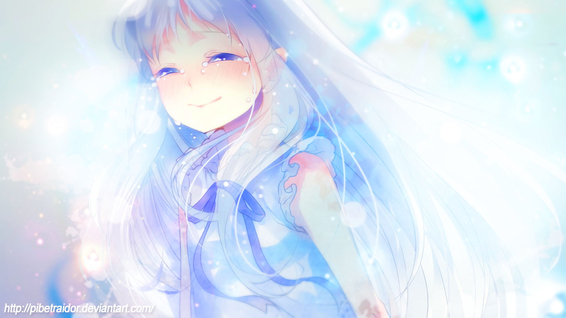 HD anime wallpaper featuring a soft, glowing portrayal of Menma from Anohana with flowing silver hair and a serene smile against a bright, ethereal background.