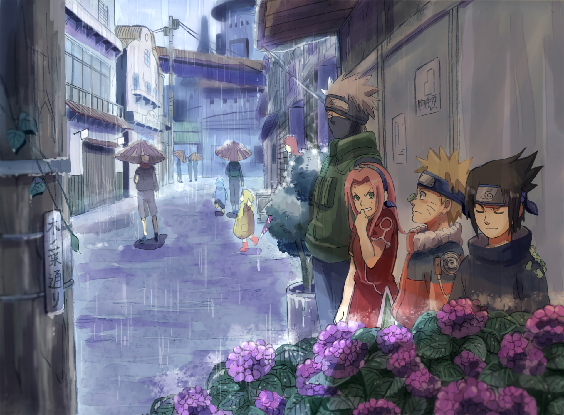 A vibrant HD wallpaper featuring Kakashi Hatake, Sakura Haruno, Sasuke Uchiha, and Naruto Uzumaki in a rainy village scene, capturing the essence of the Naruto anime.