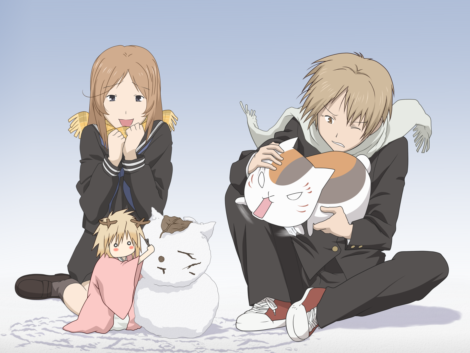 HD anime desktop wallpaper featuring characters from Natsume Yuujinchou (Natsume's Book of Friends) with a boy, a girl, and two cats in a calm, pastel-colored scene.