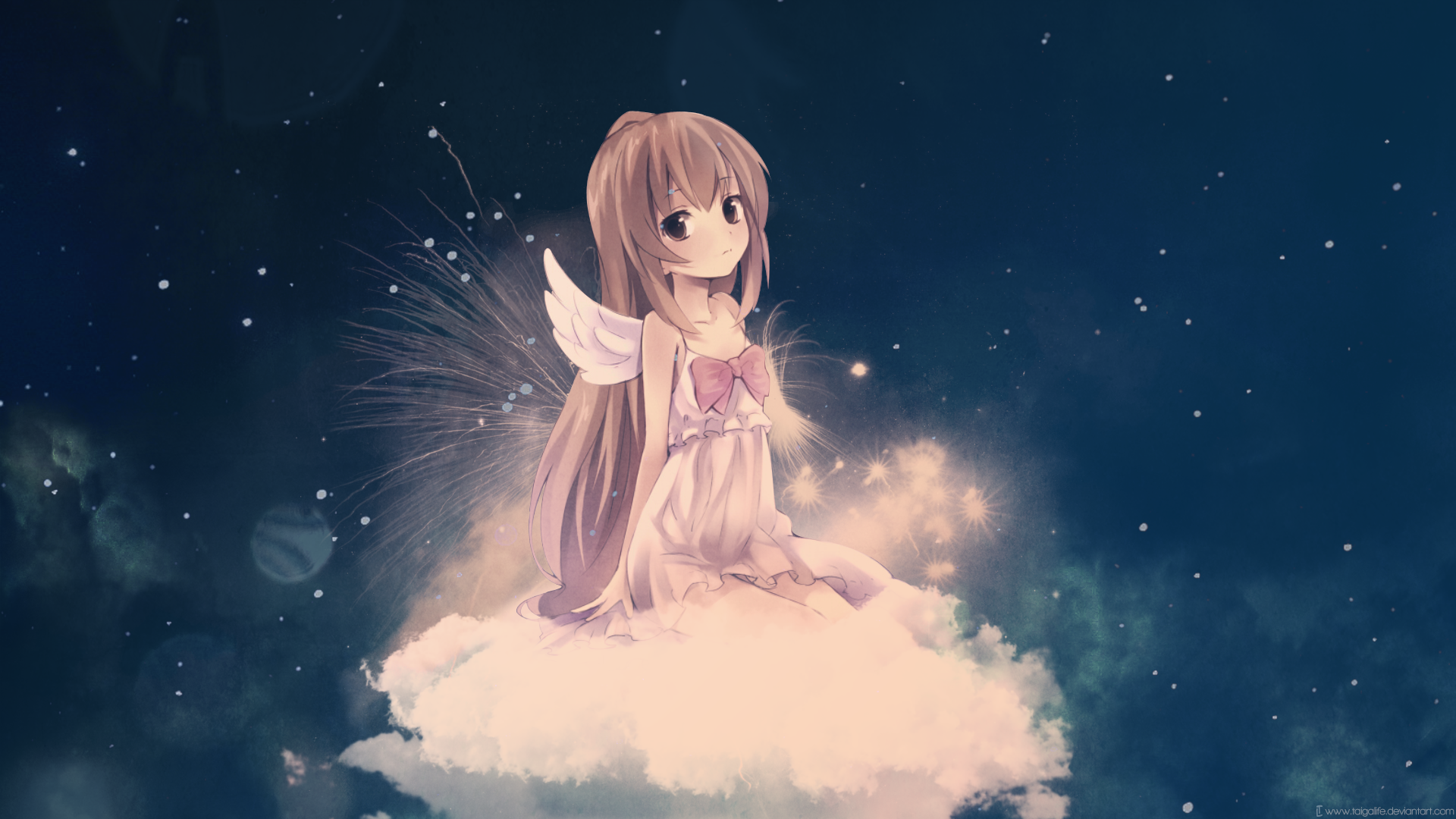 HD wallpaper featuring Taiga Aisaka from the anime Toradora!, depicted sitting on a cloud with wings, surrounded by a dreamy, starry background.