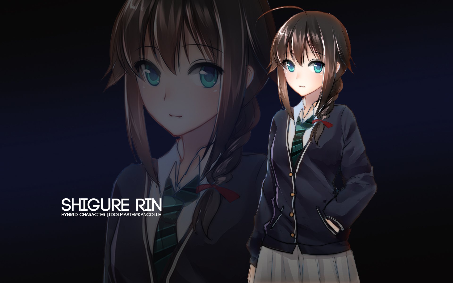 HD PC desktop wallpaper of The iDOLM@STER Cinderella Girls anime character Shigure Rin in a school uniform, teal eyes and braided hair against a dark blue background.