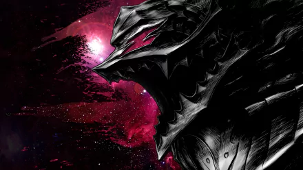 A striking HD artwork featuring armor inspired by the anime Berserk, set against a vivid cosmic background, showcasing dramatic details and a powerful aesthetic.