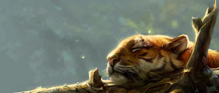 A fantasy-themed HD desktop wallpaper depicting a sleeping tiger resting its muzzle on a tree branch amid a serene, glowing forest background.