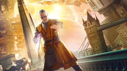 Cinematic HD wallpaper featuring Mads Mikkelsen as Kaecilius from the movie Doctor Strange, showcasing a vibrant cosmic background and iconic London landmarks.