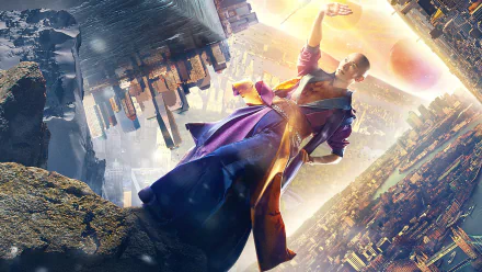 A striking HD wallpaper showcasing Tilda Swinton as The Ancient One from the movie Doctor Strange, set against a surreal, vibrant cityscape.