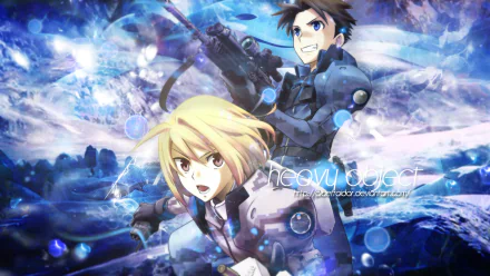 Anime Heavy Object HD PC desktop wallpaper of two armored characters: a blonde woman in front and a dark-haired man wielding a heavy weapon behind, set against a blue energy-filled backdrop.