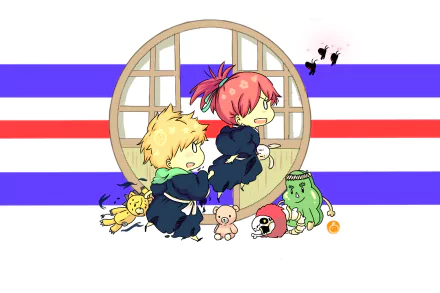 Chibi-style Kon, Ichika Abarai, and Kazui Kurosaki from Bleach pose playfully in front of a circular window with bold red, white, and blue stripes in this HD anime desktop wallpaper.