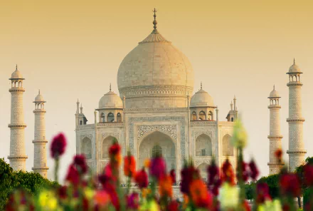 HD wallpaper of the Taj Mahal, an iconic monument in India, featuring its magnificent dome and minarets. The foreground displays vibrant, blurred flowers, enhancing the architectural beauty.