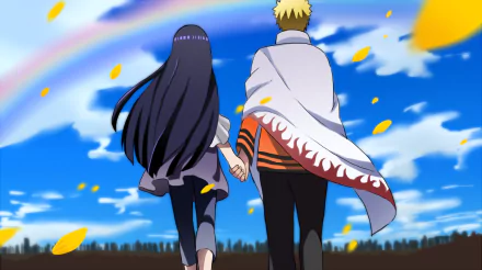 HD desktop wallpaper of Naruto Uzumaki and Hinata Hyuga from the anime Naruto, walking hand in hand under a bright, rainbow-filled sky with petals floating around.