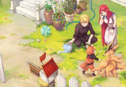 HD wallpaper featuring characters from Naruto: Kyūbi, Naruto Uzumaki, Minato Namikaze, and Kushina Uzumaki enjoying a moment in a garden.